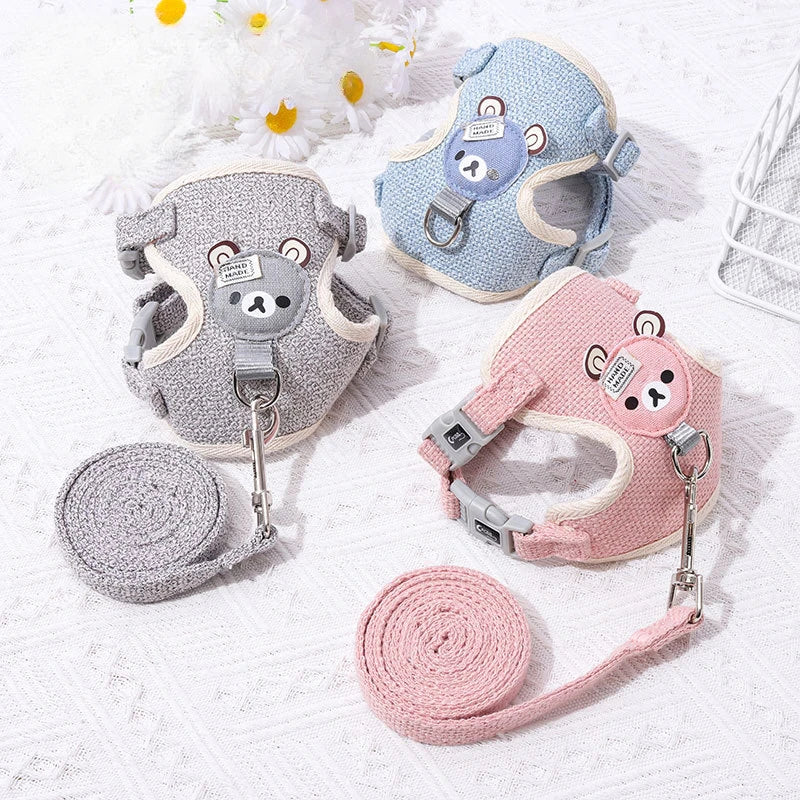 Small Cat Dog Harness Leash Set Breathable Vest Escape Proof Chest Strap Kitten Puppy Cartoon Bear Walking Pet Traction Lead