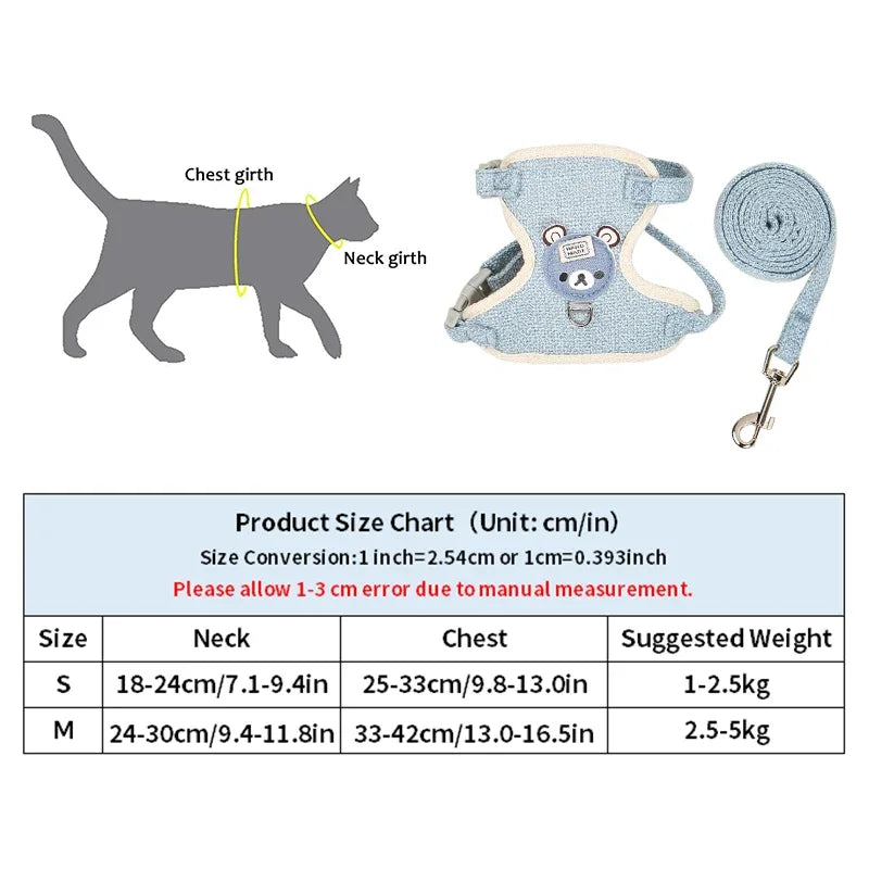 Small Cat Dog Harness Leash Set Breathable Vest Escape Proof Chest Strap Kitten Puppy Cartoon Bear Walking Pet Traction Lead